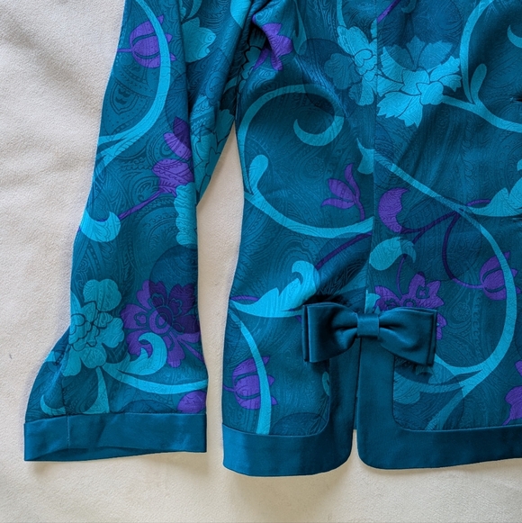 Vintage Adrianna Papell 100% Silk Teal Purple Floral Blouse Jacket Size 12 - Picture 7 of 16